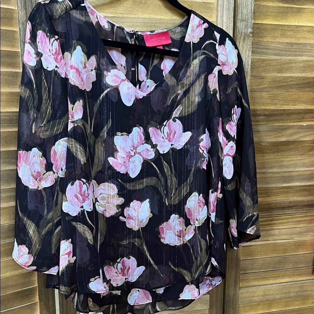 Jennifer Lopez Black and Pink Floral Blouse